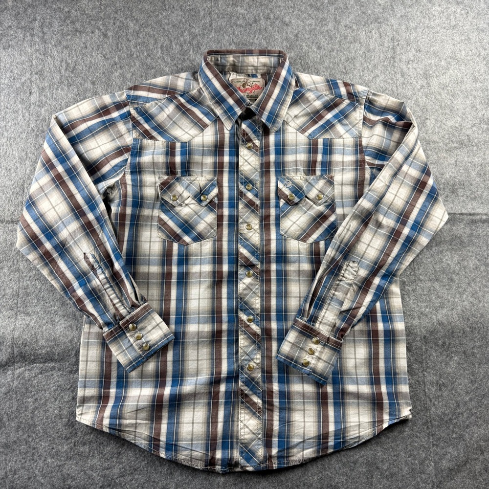 Wrangler Mens Western Blue Brown Plaid Pearl Snap Long Sleeve Shirt‎ Medium